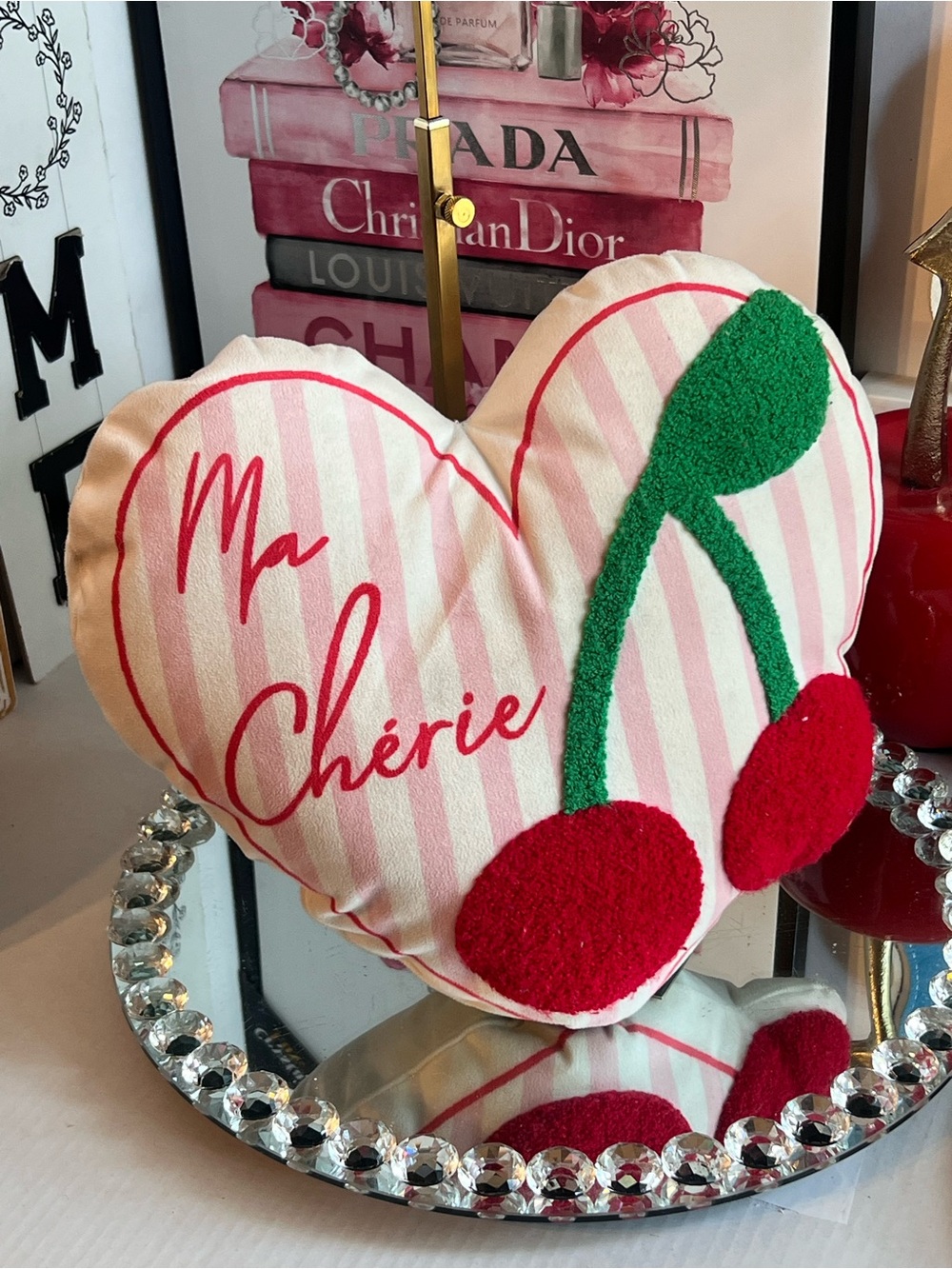 Ma Chérie Pink Stripe Heart Pillow with Cherry Appliqué